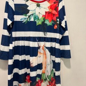 Girls Striped Blue and White Kids Dress with Floral and Unicorn Holiday Design
